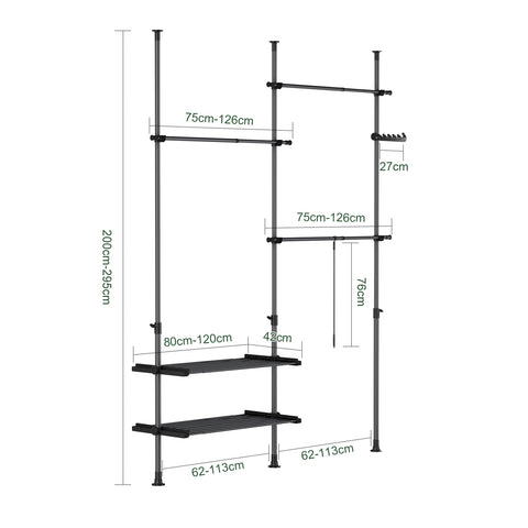 SoBuy FRG34-II-SCH – Säädettävä avoin vaateteline hyllyillä ja koukuilla, musta, Vahva teleskooppinen vaateräkki