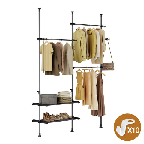 SoBuy FRG34-II-SCH – Säädettävä avoin vaateteline hyllyillä ja koukuilla, musta, Vahva teleskooppinen vaateräkki