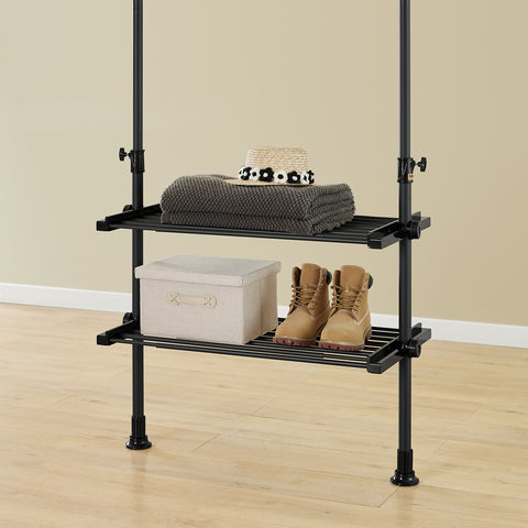 SoBuy FRG34-II-SCH – Säädettävä avoin vaateteline hyllyillä ja koukuilla, musta, Vahva teleskooppinen vaateräkki