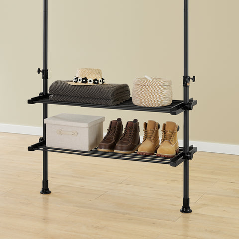 SoBuy FRG34-II-SCH – Säädettävä avoin vaateteline hyllyillä ja koukuilla, musta, Vahva teleskooppinen vaateräkki