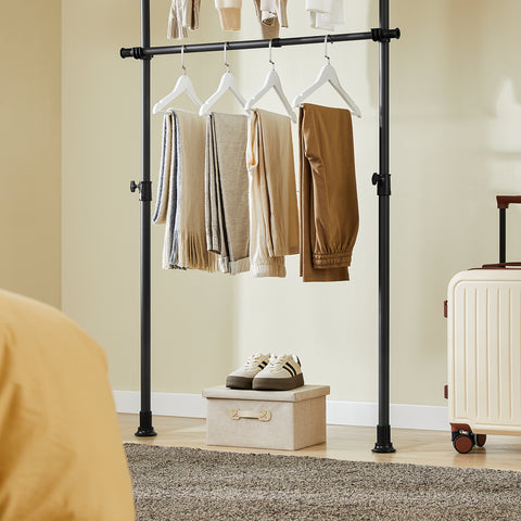 SoBuy FRG34-II-SCH – Säädettävä avoin vaateteline hyllyillä ja koukuilla, musta, Vahva teleskooppinen vaateräkki