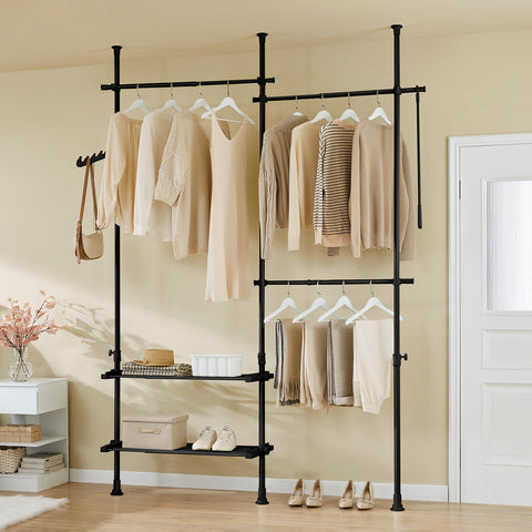 SoBuy FRG34-II-SCH – Säädettävä avoin vaateteline hyllyillä ja koukuilla, musta, Vahva teleskooppinen vaateräkki