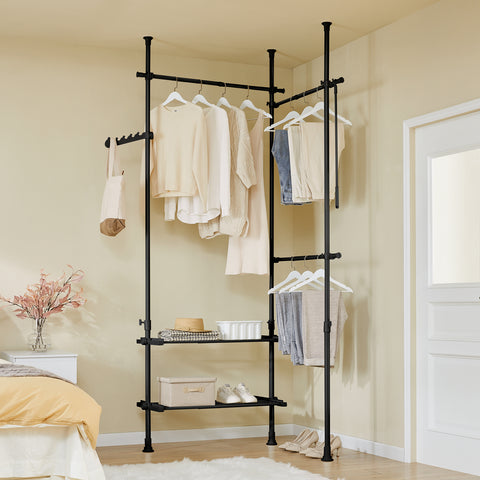 SoBuy FRG34-II-SCH – Säädettävä avoin vaateteline hyllyillä ja koukuilla, musta, Vahva teleskooppinen vaateräkki