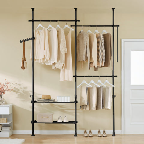 SoBuy FRG34-II-SCH – Säädettävä avoin vaateteline hyllyillä ja koukuilla, musta, Vahva teleskooppinen vaateräkki