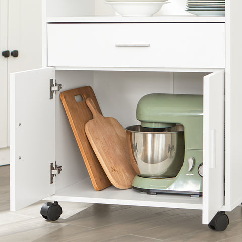 SoBuy FSB09-W – Laajennettava Keittiövaunu Pyörillä | Mikroaaltouunihylly ja Säilytyskaappi, Valkoinen 92×59×40 cm