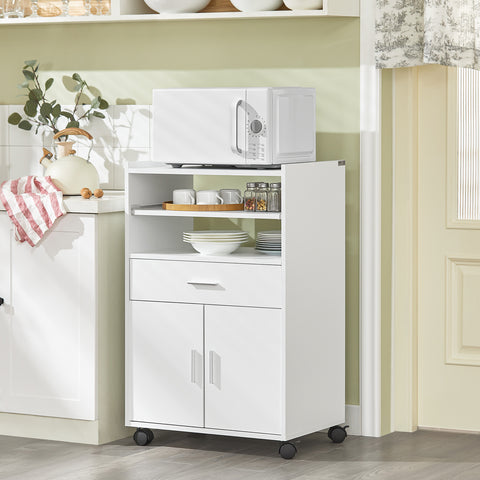 SoBuy FSB09-W – Laajennettava Keittiövaunu Pyörillä | Mikroaaltouunihylly ja Säilytyskaappi, Valkoinen 92×59×40 cm
