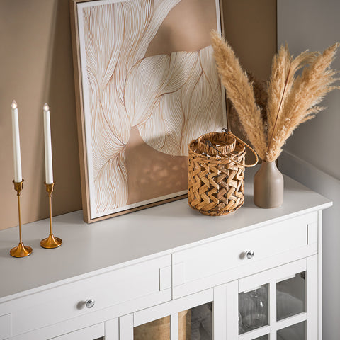 SoBuy FSB77-W – Tyylikäs matala senkki 3 lasiovella ja 2 laatikolla, 119 × 40 × 90 cm, valkoinen