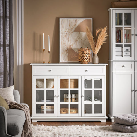 SoBuy FSB77-W – Tyylikäs matala senkki 3 lasiovella ja 2 laatikolla, 119 × 40 × 90 cm, valkoinen