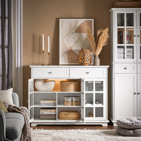 SoBuy FSB77-W – Tyylikäs matala senkki 3 lasiovella ja 2 laatikolla, 119 × 40 × 90 cm, valkoinen