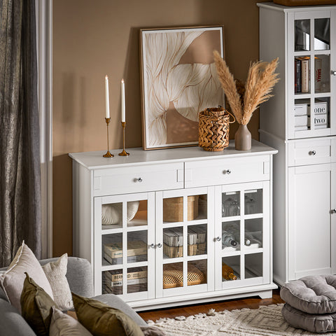 SoBuy FSB77-W – Tyylikäs matala senkki 3 lasiovella ja 2 laatikolla, 119 × 40 × 90 cm, valkoinen