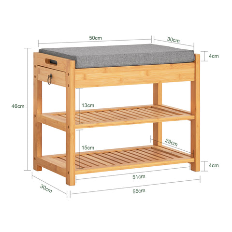 SoBuy FSR49-N 3-in-1 Kenkäteline Penkki, Luonnollinen Bambus, Salaisella Laatikkolla ja Pehmustetulla Istuimella – Kompaktikokoiset Sisäänkäynnit ja Vaatehuoneet, L55xP30xH46 cm