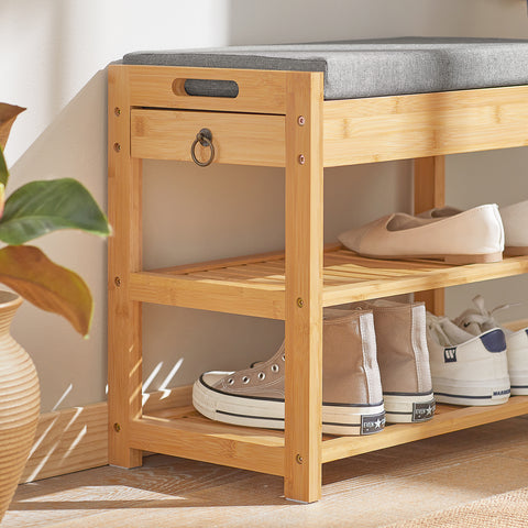 SoBuy FSR49-N 3-in-1 Kenkäteline Penkki, Luonnollinen Bambus, Salaisella Laatikkolla ja Pehmustetulla Istuimella – Kompaktikokoiset Sisäänkäynnit ja Vaatehuoneet, L55xP30xH46 cm