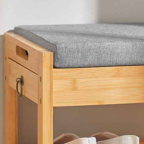 SoBuy FSR49-N 3-in-1 Kenkäteline Penkki, Luonnollinen Bambus, Salaisella Laatikkolla ja Pehmustetulla Istuimella – Kompaktikokoiset Sisäänkäynnit ja Vaatehuoneet, L55xP30xH46 cm