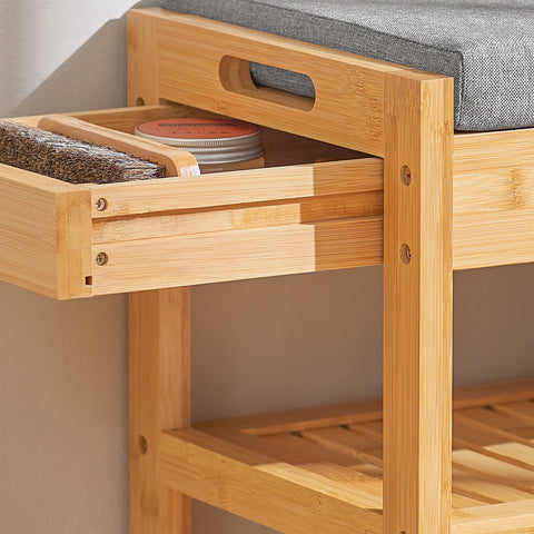 SoBuy FSR49-N 3-in-1 Kenkäteline Penkki, Luonnollinen Bambus, Salaisella Laatikkolla ja Pehmustetulla Istuimella – Kompaktikokoiset Sisäänkäynnit ja Vaatehuoneet, L55xP30xH46 cm