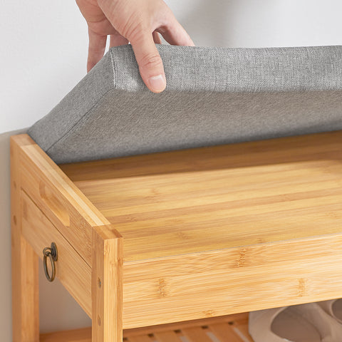 SoBuy FSR49-N 3-in-1 Kenkäteline Penkki, Luonnollinen Bambus, Salaisella Laatikkolla ja Pehmustetulla Istuimella – Kompaktikokoiset Sisäänkäynnit ja Vaatehuoneet, L55xP30xH46 cm