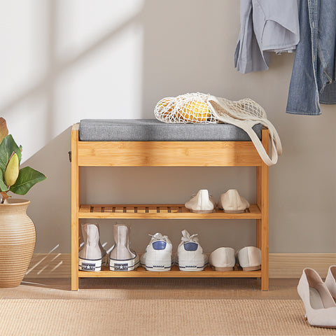 SoBuy FSR49-N 3-in-1 Kenkäteline Penkki, Luonnollinen Bambus, Salaisella Laatikkolla ja Pehmustetulla Istuimella – Kompaktikokoiset Sisäänkäynnit ja Vaatehuoneet, L55xP30xH46 cm