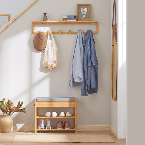 SoBuy FSR49-N 3-in-1 Kenkäteline Penkki, Luonnollinen Bambus, Salaisella Laatikkolla ja Pehmustetulla Istuimella – Kompaktikokoiset Sisäänkäynnit ja Vaatehuoneet, L55xP30xH46 cm