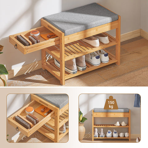 SoBuy FSR49-N 3-in-1 Kenkäteline Penkki, Luonnollinen Bambus, Salaisella Laatikkolla ja Pehmustetulla Istuimella – Kompaktikokoiset Sisäänkäynnit ja Vaatehuoneet, L55xP30xH46 cm