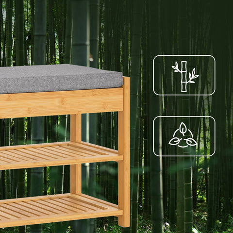 SoBuy FSR49-N 3-in-1 Kenkäteline Penkki, Luonnollinen Bambus, Salaisella Laatikkolla ja Pehmustetulla Istuimella – Kompaktikokoiset Sisäänkäynnit ja Vaatehuoneet, L55xP30xH46 cm