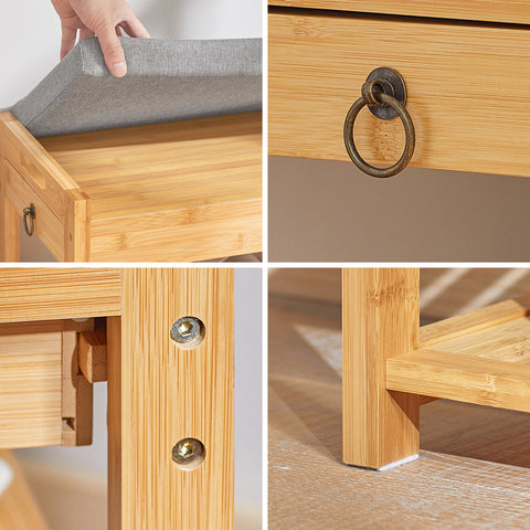 SoBuy FSR49-N 3-in-1 Kenkäteline Penkki, Luonnollinen Bambus, Salaisella Laatikkolla ja Pehmustetulla Istuimella – Kompaktikokoiset Sisäänkäynnit ja Vaatehuoneet, L55xP30xH46 cm