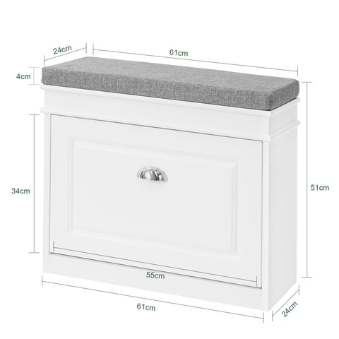SoBuy FSR82-K-W Kenkäteline Penkki, Istuinpehmusteella ja Piilotetulla Säilytystilalla, Valkoinen – 60x24x51 cm