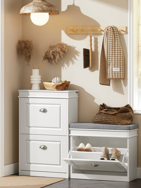 SoBuy FSR82-K-W Kenkäteline Penkki, Istuinpehmusteella ja Piilotetulla Säilytystilalla, Valkoinen – 60x24x51 cm