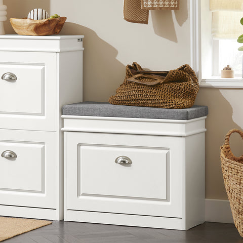 SoBuy FSR82-K-W Kenkäteline Penkki, Istuinpehmusteella ja Piilotetulla Säilytystilalla, Valkoinen – 60x24x51 cm