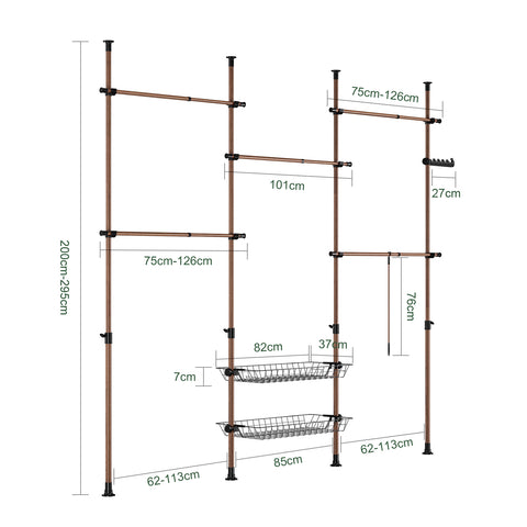 SoBuy KLS04-II-BR Vahva teleskooppinen vaateteline – Säädettävä avoin vaatekaappi tangoilla ja hyllyillä, naulakko makuuhuoneeseen/vaatehuoneeseen, Ruskea
