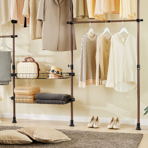 SoBuy KLS04-II-BR Vahva teleskooppinen vaateteline – Säädettävä avoin vaatekaappi tangoilla ja hyllyillä, naulakko makuuhuoneeseen/vaatehuoneeseen, Ruskea