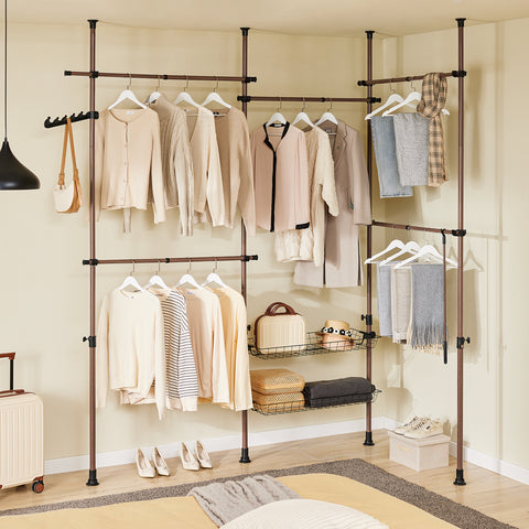 SoBuy KLS04-II-BR Vahva teleskooppinen vaateteline – Säädettävä avoin vaatekaappi tangoilla ja hyllyillä, naulakko makuuhuoneeseen/vaatehuoneeseen, Ruskea