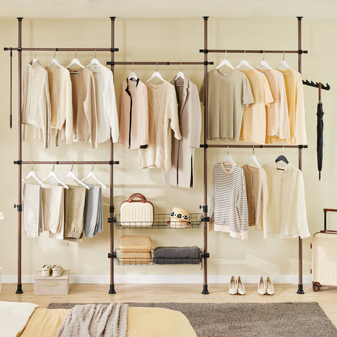 SoBuy KLS04-II-BR Vahva teleskooppinen vaateteline – Säädettävä avoin vaatekaappi tangoilla ja hyllyillä, naulakko makuuhuoneeseen/vaatehuoneeseen, Ruskea