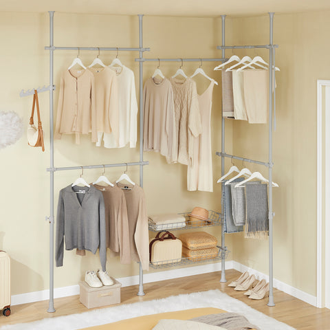 SoBuy KLS04-II-HG Tukeva teleskooppinen vaateteline – Säädettävä avoin vaatekaappi tangoilla ja hyllyillä, naulakko makuuhuoneeseen/vaatehuoneeseen, Harmaa