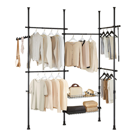 SoBuy KLS04-II-SCH Vahva teleskooppinen vaateteline – Säädettävä avoin vaatekaappi tangoilla ja hyllyillä, naulakko makuuhuoneeseen/vaatehuoneeseen, musta