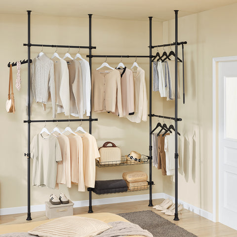 SoBuy KLS04-II-SCH Vahva teleskooppinen vaateteline – Säädettävä avoin vaatekaappi tangoilla ja hyllyillä, naulakko makuuhuoneeseen/vaatehuoneeseen, musta