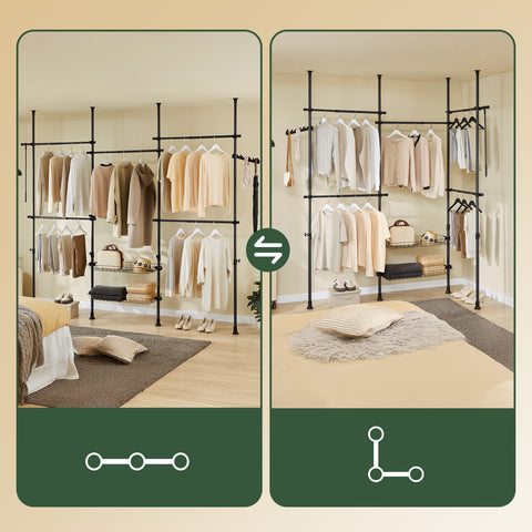 SoBuy KLS04-II-SCH Vahva teleskooppinen vaateteline – Säädettävä avoin vaatekaappi tangoilla ja hyllyillä, naulakko makuuhuoneeseen/vaatehuoneeseen, musta