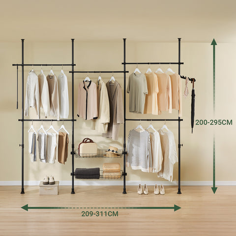 SoBuy KLS04-II-SCH Vahva teleskooppinen vaateteline – Säädettävä avoin vaatekaappi tangoilla ja hyllyillä, naulakko makuuhuoneeseen/vaatehuoneeseen, musta