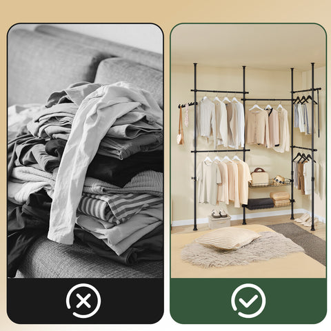 SoBuy KLS04-II-SCH Vahva teleskooppinen vaateteline – Säädettävä avoin vaatekaappi tangoilla ja hyllyillä, naulakko makuuhuoneeseen/vaatehuoneeseen, musta