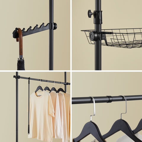 SoBuy KLS04-II-SCH Vahva teleskooppinen vaateteline – Säädettävä avoin vaatekaappi tangoilla ja hyllyillä, naulakko makuuhuoneeseen/vaatehuoneeseen, musta