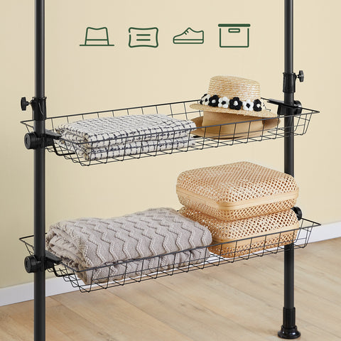 SoBuy KLS04-II-SCH Vahva teleskooppinen vaateteline – Säädettävä avoin vaatekaappi tangoilla ja hyllyillä, naulakko makuuhuoneeseen/vaatehuoneeseen, musta