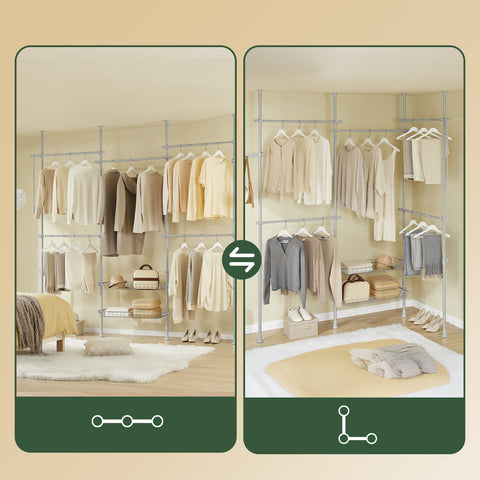 SoBuy KLS04-II-HG Tukeva teleskooppinen vaateteline – Säädettävä avoin vaatekaappi tangoilla ja hyllyillä, naulakko makuuhuoneeseen/vaatehuoneeseen, Harmaa