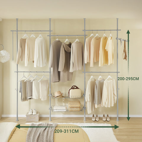 SoBuy KLS04-II-HG Tukeva teleskooppinen vaateteline – Säädettävä avoin vaatekaappi tangoilla ja hyllyillä, naulakko makuuhuoneeseen/vaatehuoneeseen, Harmaa