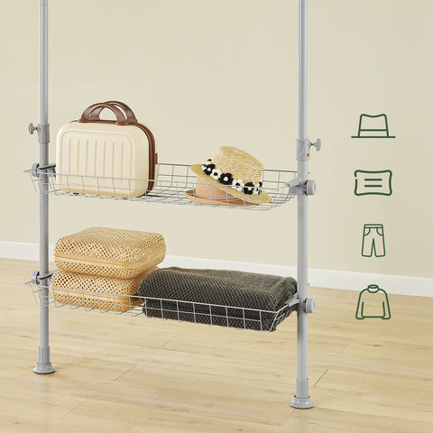 SoBuy KLS04-II-HG Tukeva teleskooppinen vaateteline – Säädettävä avoin vaatekaappi tangoilla ja hyllyillä, naulakko makuuhuoneeseen/vaatehuoneeseen, Harmaa