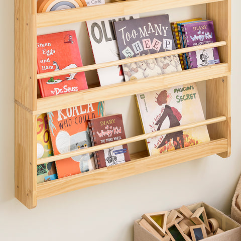 SoBuy KMB08-N Lasten Kirjahylly 4 Tasolla – Puinen Säilytyshylly Kirjoille ja Leluille, Lastenhuoneeseen, Mänty, 80×12×118 cm