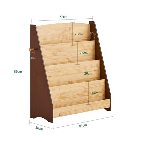 SoBuy KMB32-N Lasten kirjahylly Lelujen säilytys Lasten kirjahylly 4 tasoa ja 2 koukkua Kirjahylly Säilytyskaluste Lastenhuoneeseen, Toimistoon, Olohuoneeseen, Luonnollinen 91x30x89 cm