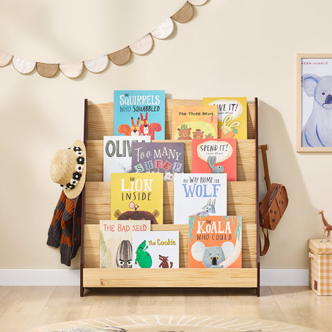 SoBuy KMB32-N Lasten kirjahylly Lelujen säilytys Lasten kirjahylly 4 tasoa ja 2 koukkua Kirjahylly Säilytyskaluste Lastenhuoneeseen, Toimistoon, Olohuoneeseen, Luonnollinen 91x30x89 cm