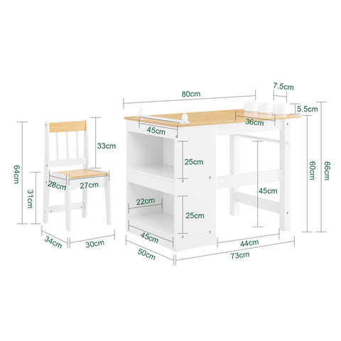 SoBuy KMB60-WN Lasten pöytä ja tuoli, 2-osainen setti – pöytä ja tuoli lapsille, kirjoituspöytä kahdella hyllyllä, paperipidikkeellä ja kynäsäilytyksellä, valkoinen–luonnollinen, 80x50x66