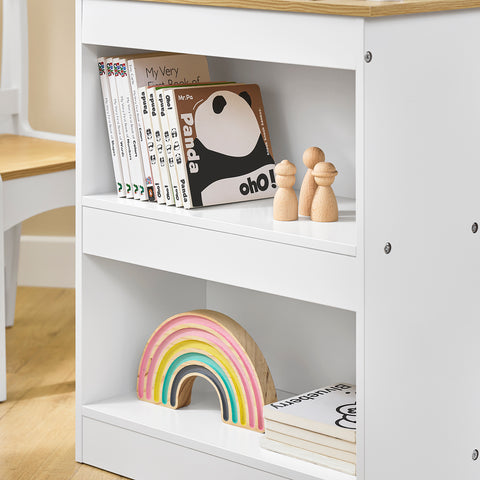 SoBuy KMB60-WN Lasten pöytä ja tuoli, 2-osainen setti – pöytä ja tuoli lapsille, kirjoituspöytä kahdella hyllyllä, paperipidikkeellä ja kynäsäilytyksellä, valkoinen–luonnollinen, 80x50x66