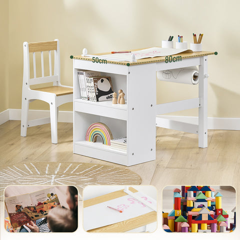 SoBuy KMB60-WN Lasten pöytä ja tuoli, 2-osainen setti – pöytä ja tuoli lapsille, kirjoituspöytä kahdella hyllyllä, paperipidikkeellä ja kynäsäilytyksellä, valkoinen–luonnollinen, 80x50x66