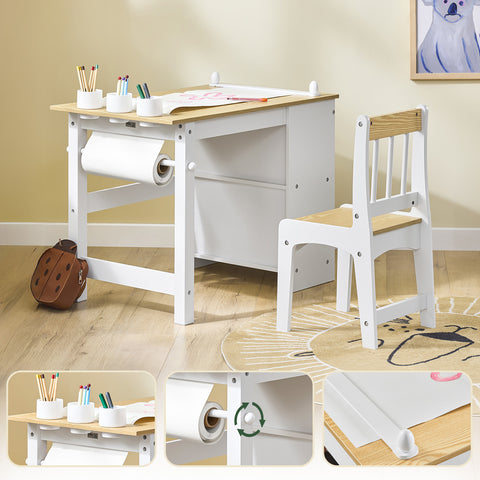 SoBuy KMB60-WN Lasten pöytä ja tuoli, 2-osainen setti – pöytä ja tuoli lapsille, kirjoituspöytä kahdella hyllyllä, paperipidikkeellä ja kynäsäilytyksellä, valkoinen–luonnollinen, 80x50x66