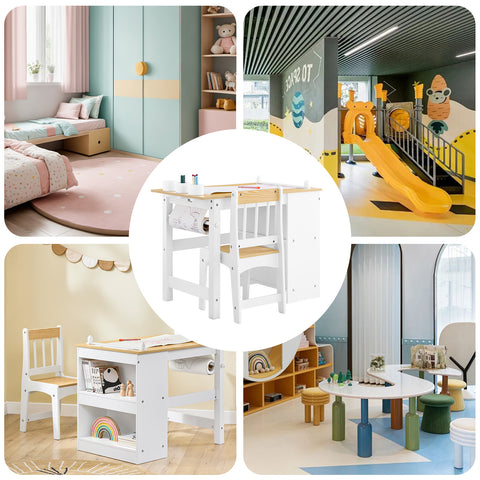 SoBuy KMB60-WN Lasten pöytä ja tuoli, 2-osainen setti – pöytä ja tuoli lapsille, kirjoituspöytä kahdella hyllyllä, paperipidikkeellä ja kynäsäilytyksellä, valkoinen–luonnollinen, 80x50x66